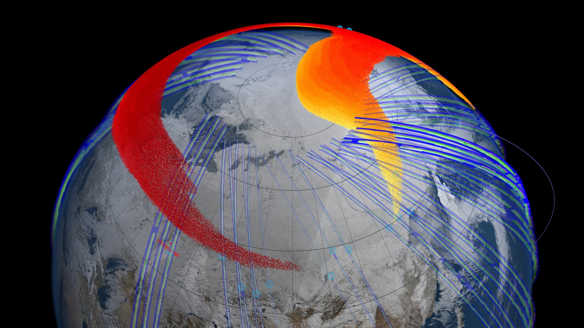 ghostlight marsh Model and satellite data show that four days after the bolide explosion, the faster, higher portion of the plume (red) had snaked its way entirely around the northern hemisphere and back to Chelyabinsk, Russia.