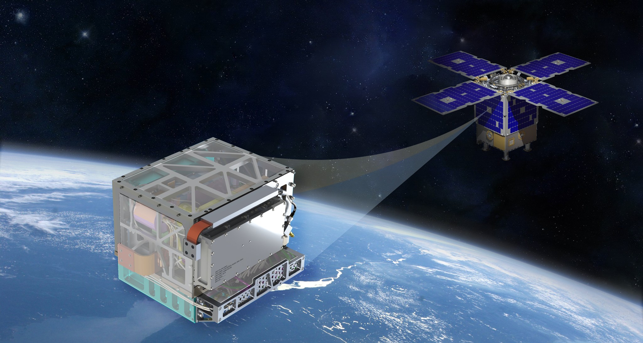 A glimpse of the Deep Space Atomic Clock in the middle bay of the General Atomics Electromagnetic Systems Orbital Test Bed spacecraft.