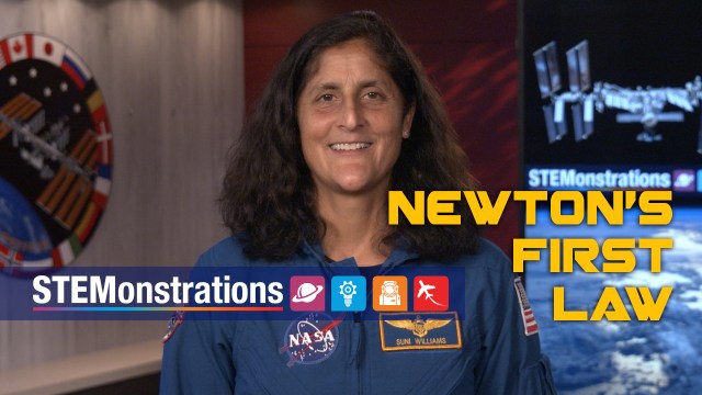 NASA astronaut Suni Williams and text Newton's First Law of Motion above the word STEMonstration