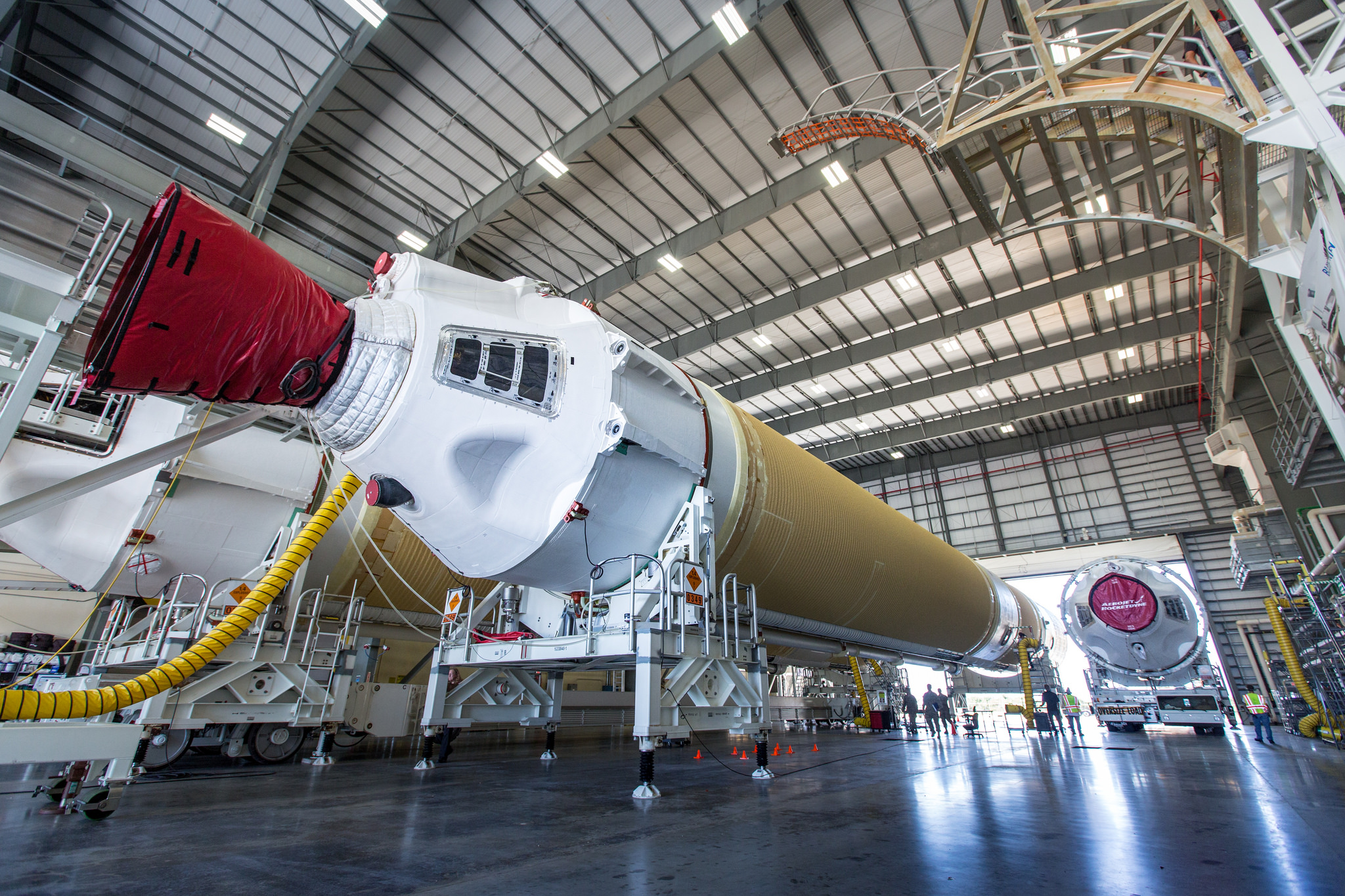 A ULA Delta IV Heavy common booster core arrives at Cape Canaveral Air Force Station.