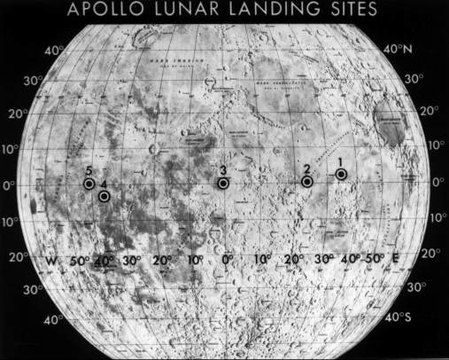 Map of the Moon showing the five candidate landing sites chosen by the Apollo Site Selection Board in February 1968