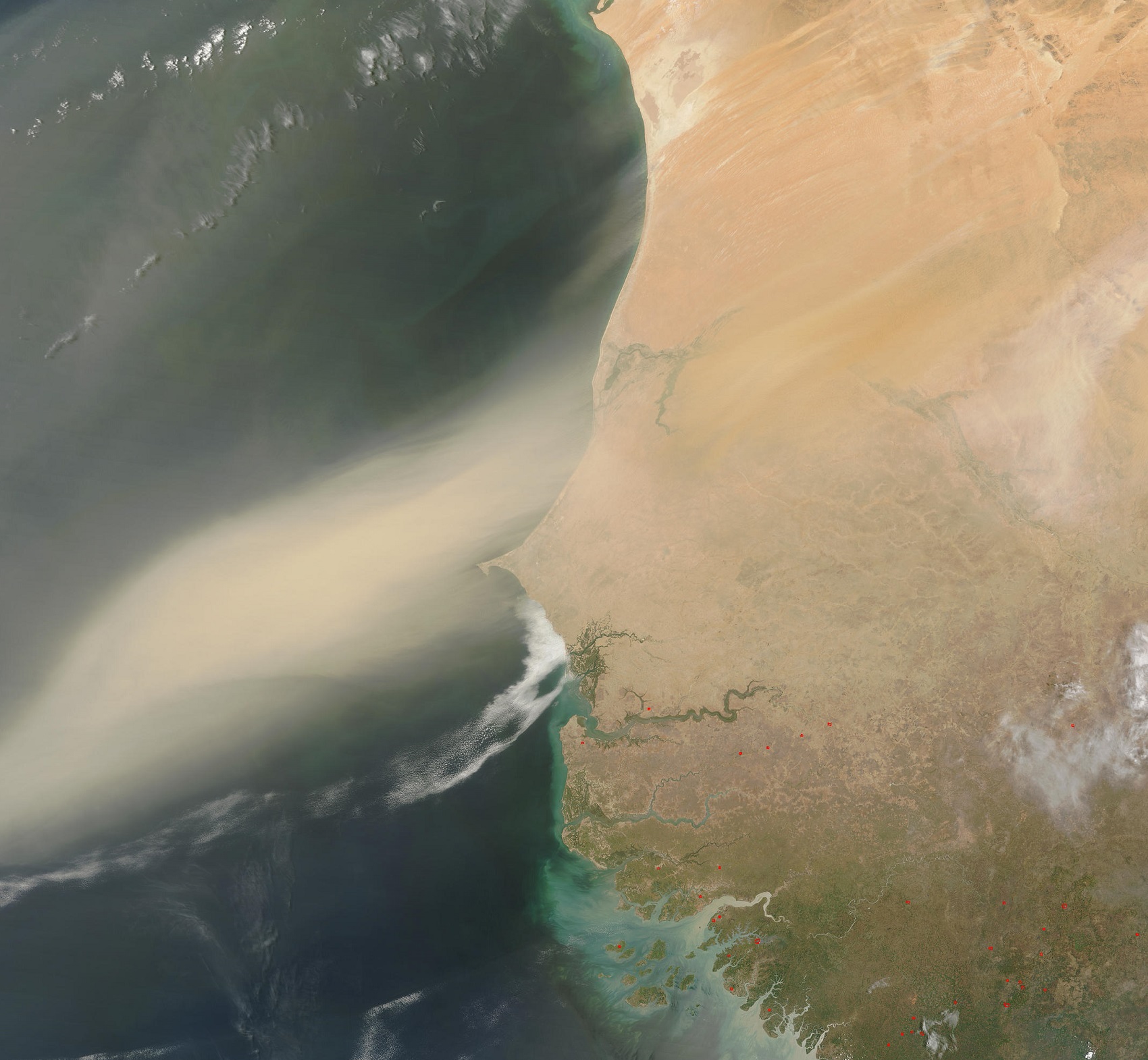 2003 satellite image shows a large dust plume blowing off the Sahara Desert and out over the Atlantic Ocean