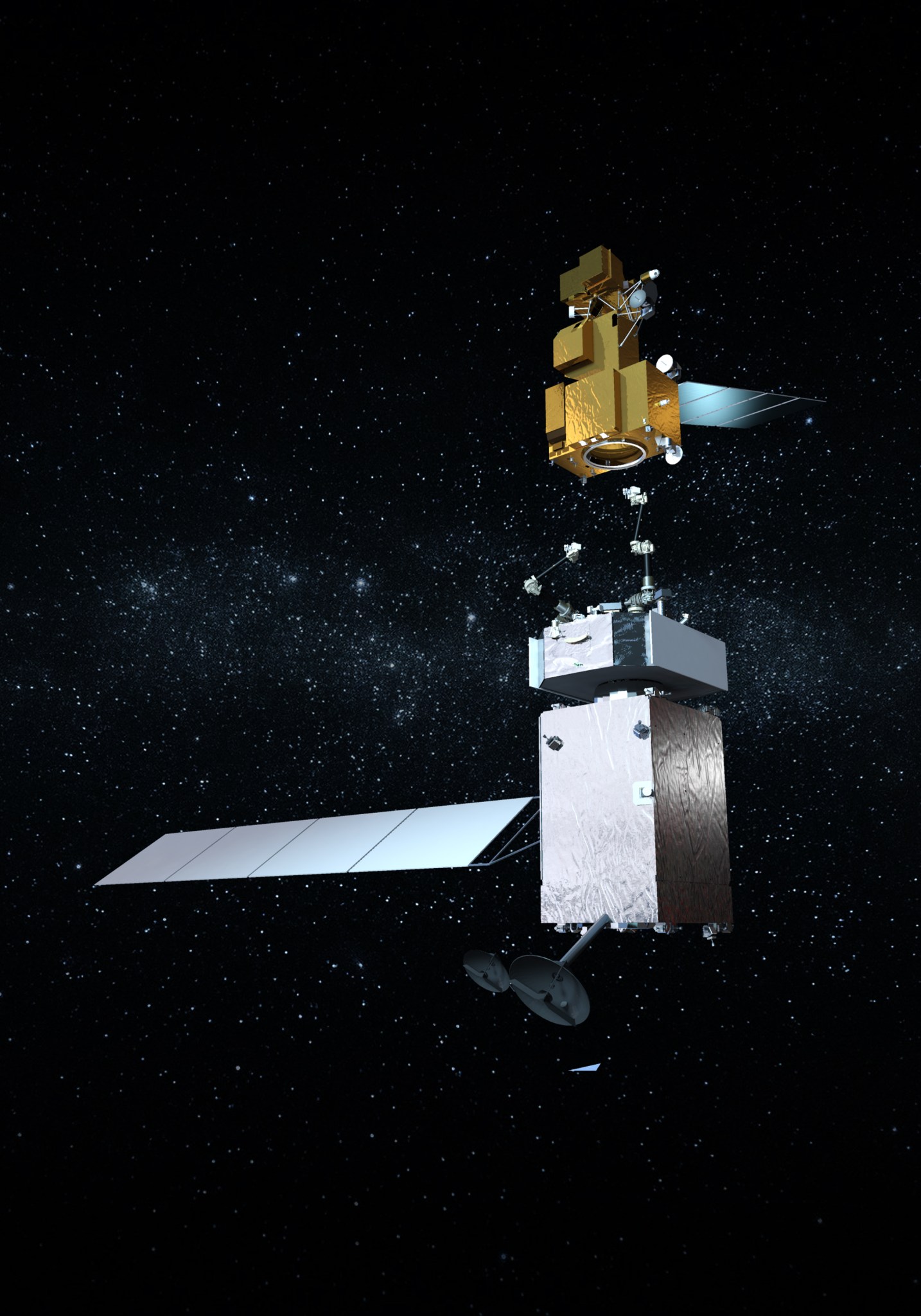 This artist’s rendition shows the Restore-L servicer spacecraft robotically repairing a satellite. 