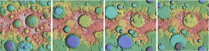 Simulated Martian landscape eroded by fluvial processes with ongoing impact cratering. Elevation range is 3000 m. Simulation dom