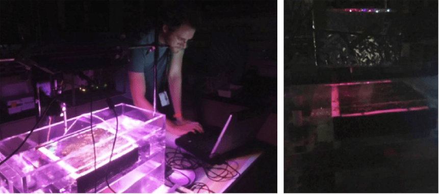 Figure 3.6c: Ames Pathway intern Owen Lehmer measuring O2 production in a microbial mat under (left) solar and (right) M dwarf s