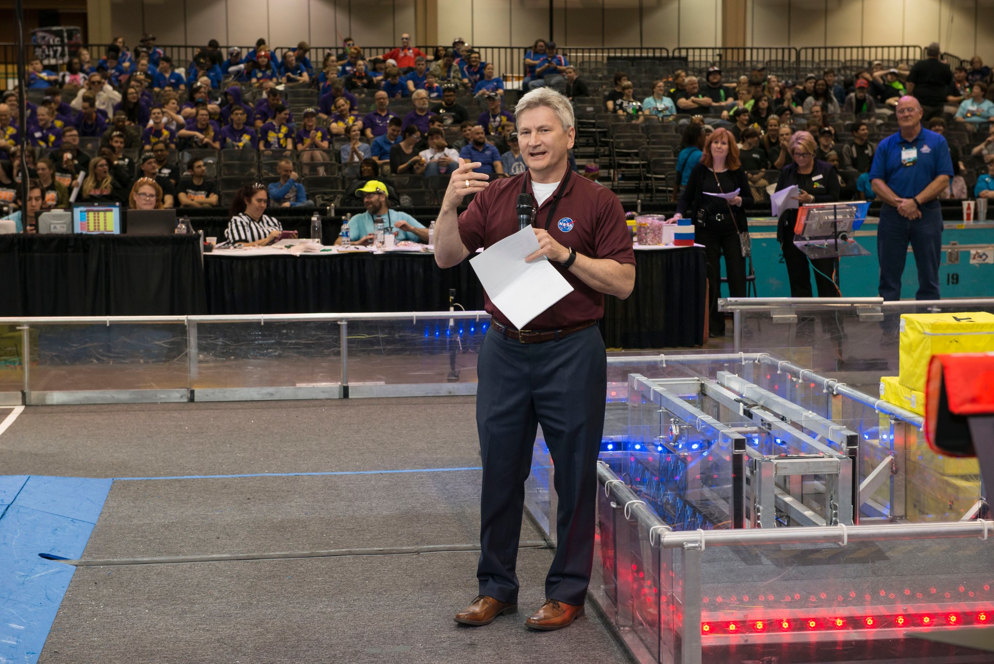 Johnny Stephenson addresses the crowd during the March 16 award ceremony at the FIRST Robotics Rocket City Regional.