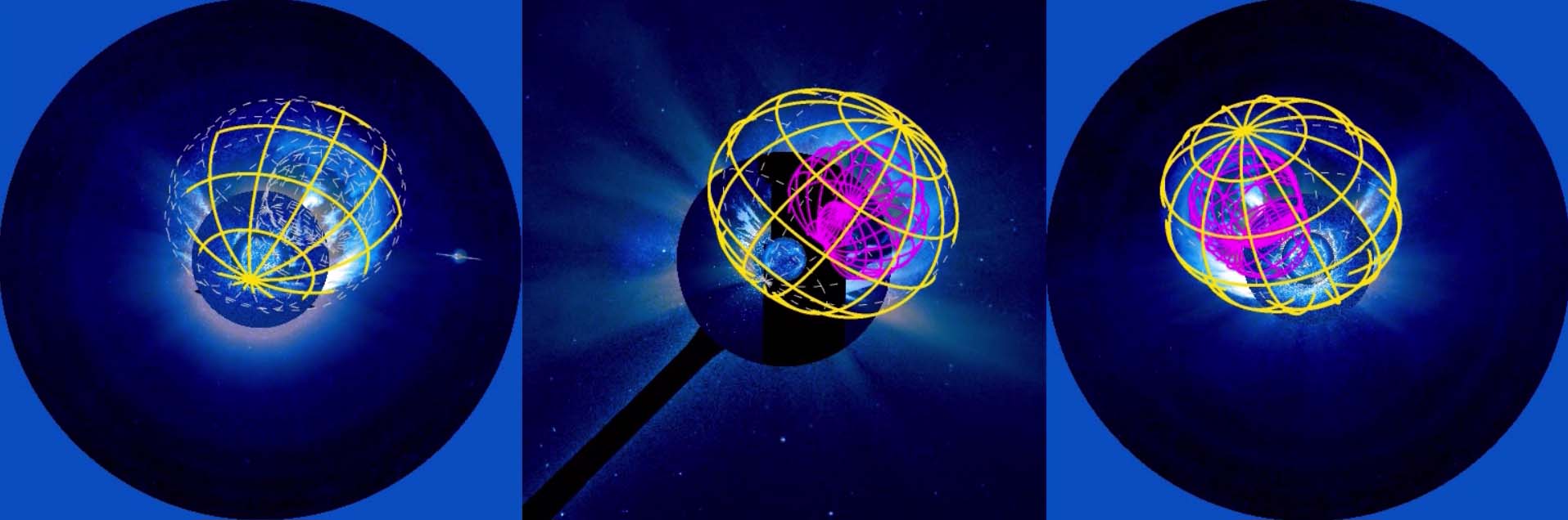 A visualization of a coronal mass ejection, or CME, from three angles using data from three NASA missions. In each of the three panels, a bright yellow, hollow globe surrounds the small blue disk of the Sun, and two of the globes have smaller, lumpy magenta globes inside.