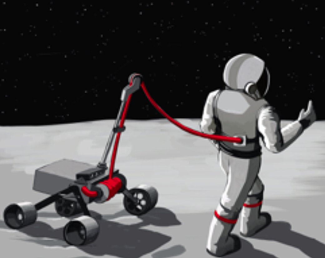 Astronaut walking on planetary surface.