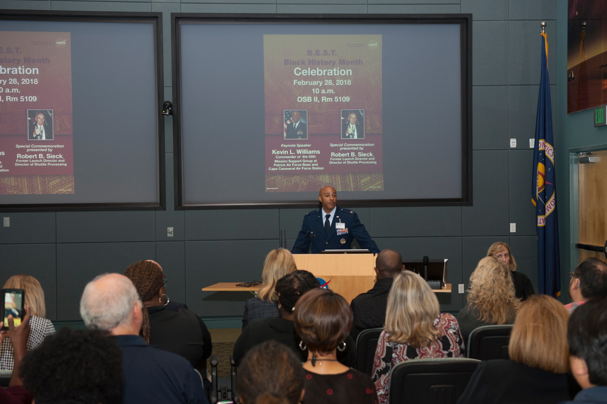 Keynote speaker Colonel Kevin L. Williams presented at the Black History Month event at Kennedy Space Center in Florida.