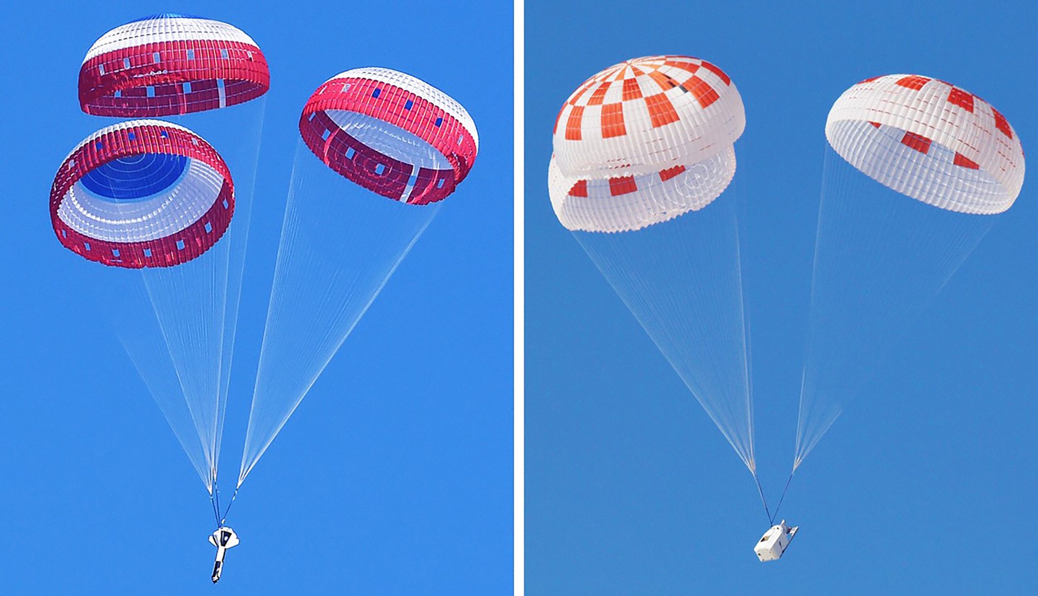 Boeing, at left, and SpaceX, at right, conducted drop tests on their parachutes.