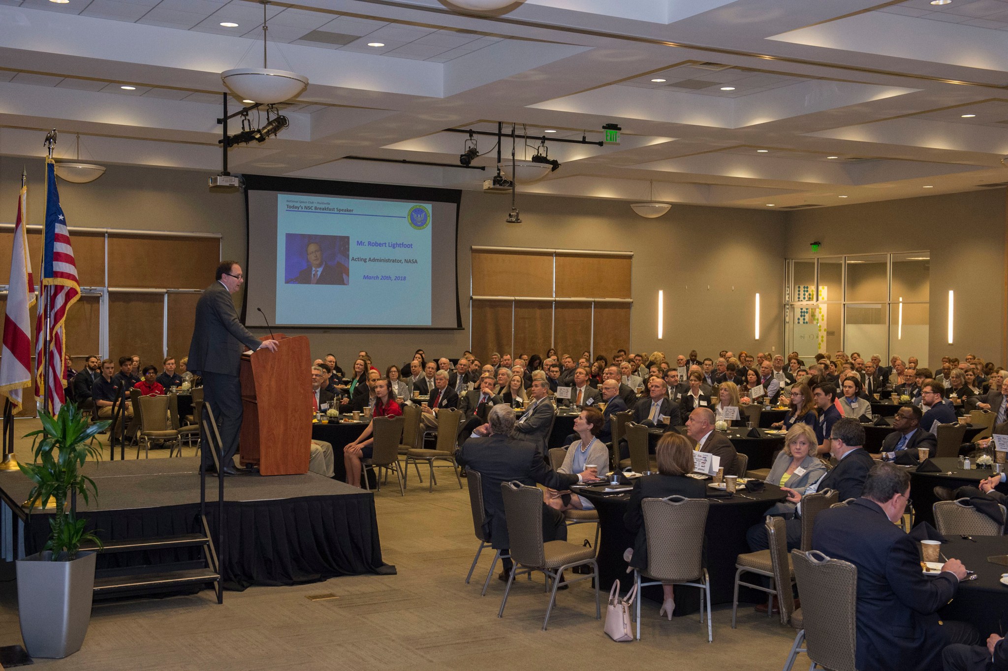 NASA Acting Administrator Robert Lightfoot addresses the crowd at the March 20 National Space Club Huntsville breakfast. 