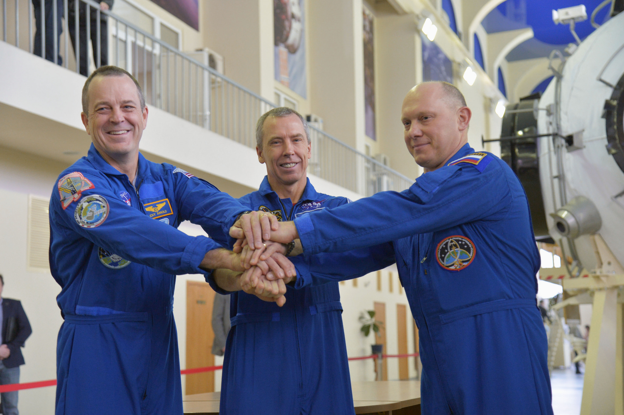 NASA astronauts Drew Feustel and Ricky Arnold, and cosmonaut Oleg Artemyev of the Russian space agency Roscosmos.