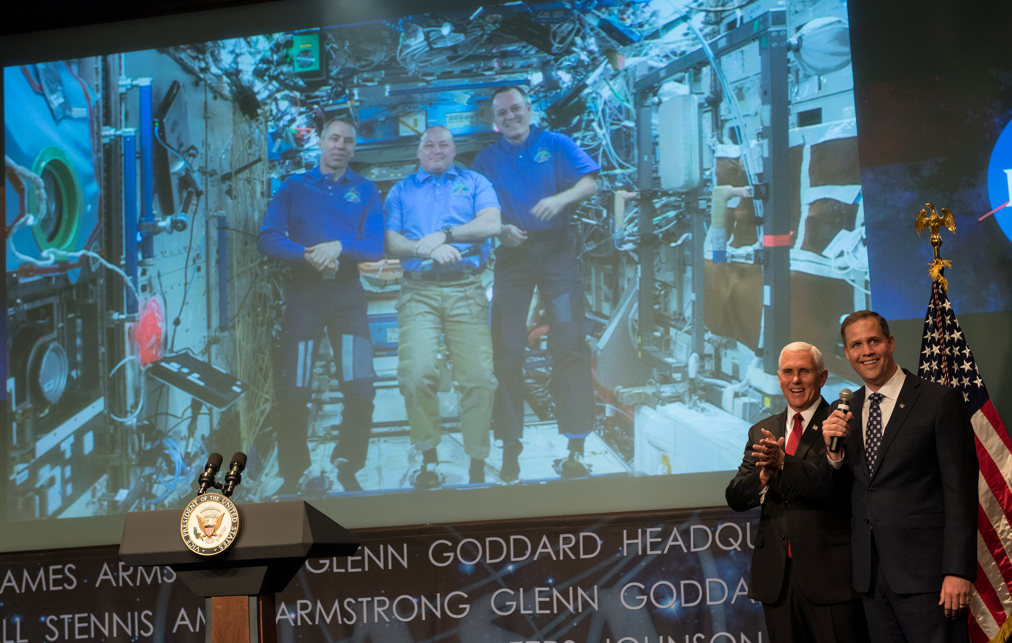 Vice President Mike Pence and NASA Administrator Jim Bridenstine talk with astronauts onboard the International Space Station