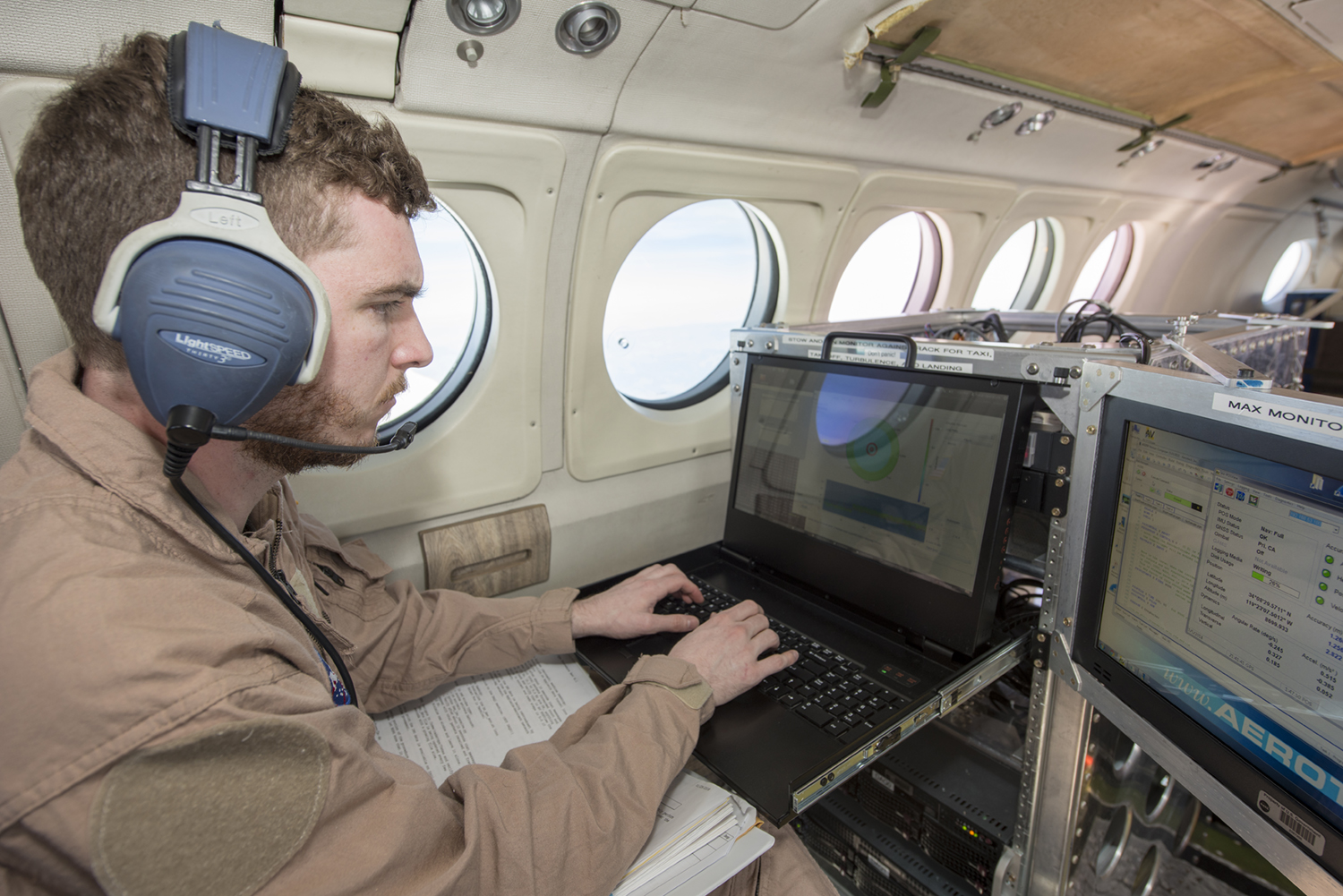 Radar operator Alexander Winteer monitors incoming wind data from the  DopplerScatt radar instrument 