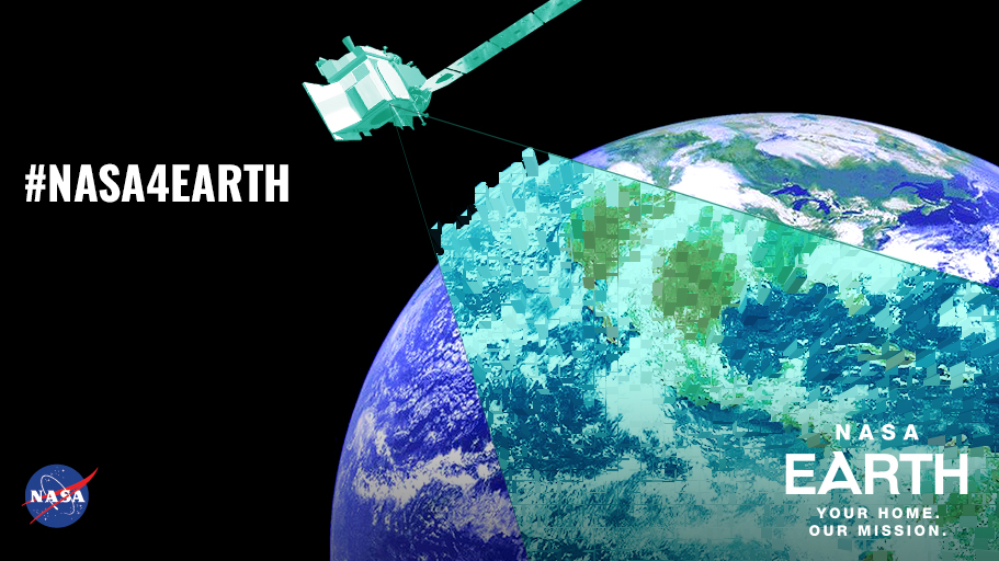 NASA Earth Day 2018 graphic, showing illustration of satellite and stylized Earth graphic. It includes the hashtag #NASA4Earth.