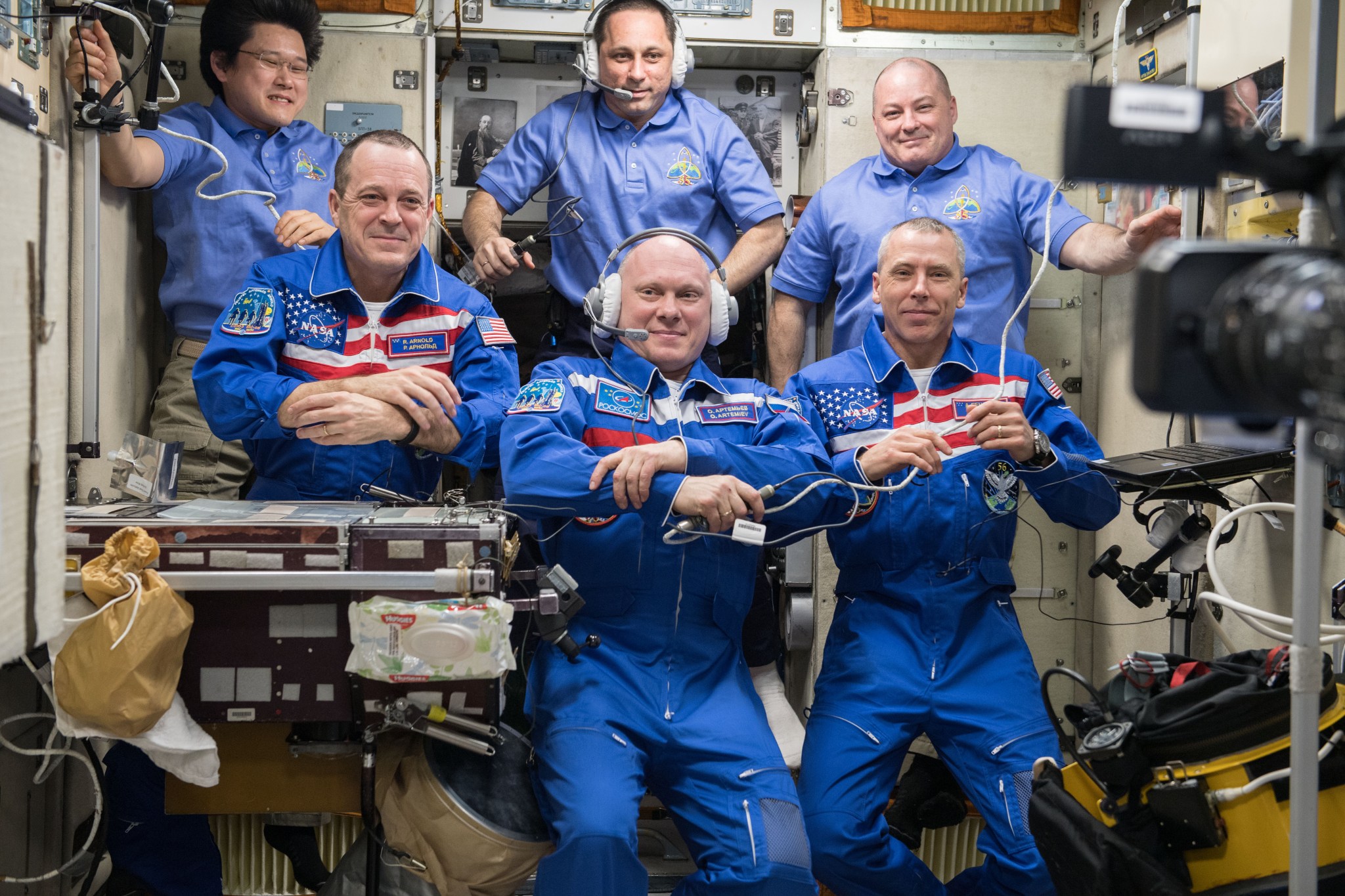 The Expedition 55 crew, including NASA astronauts Ricky Arnold, Drew Feustel and Scott Tingle.