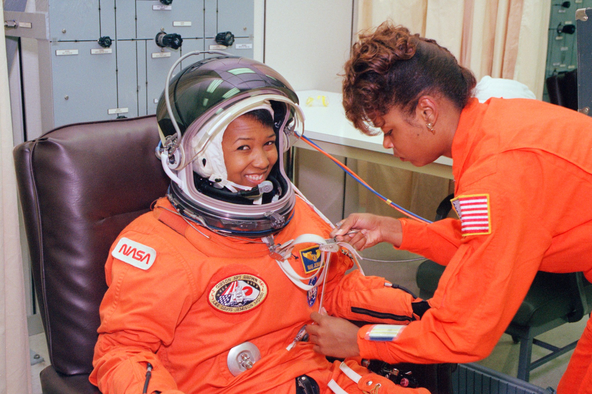 Mae Jemison suits up for the STS-47 mission aboard Endeavour. Jemison was the first African-American astronaut in space.