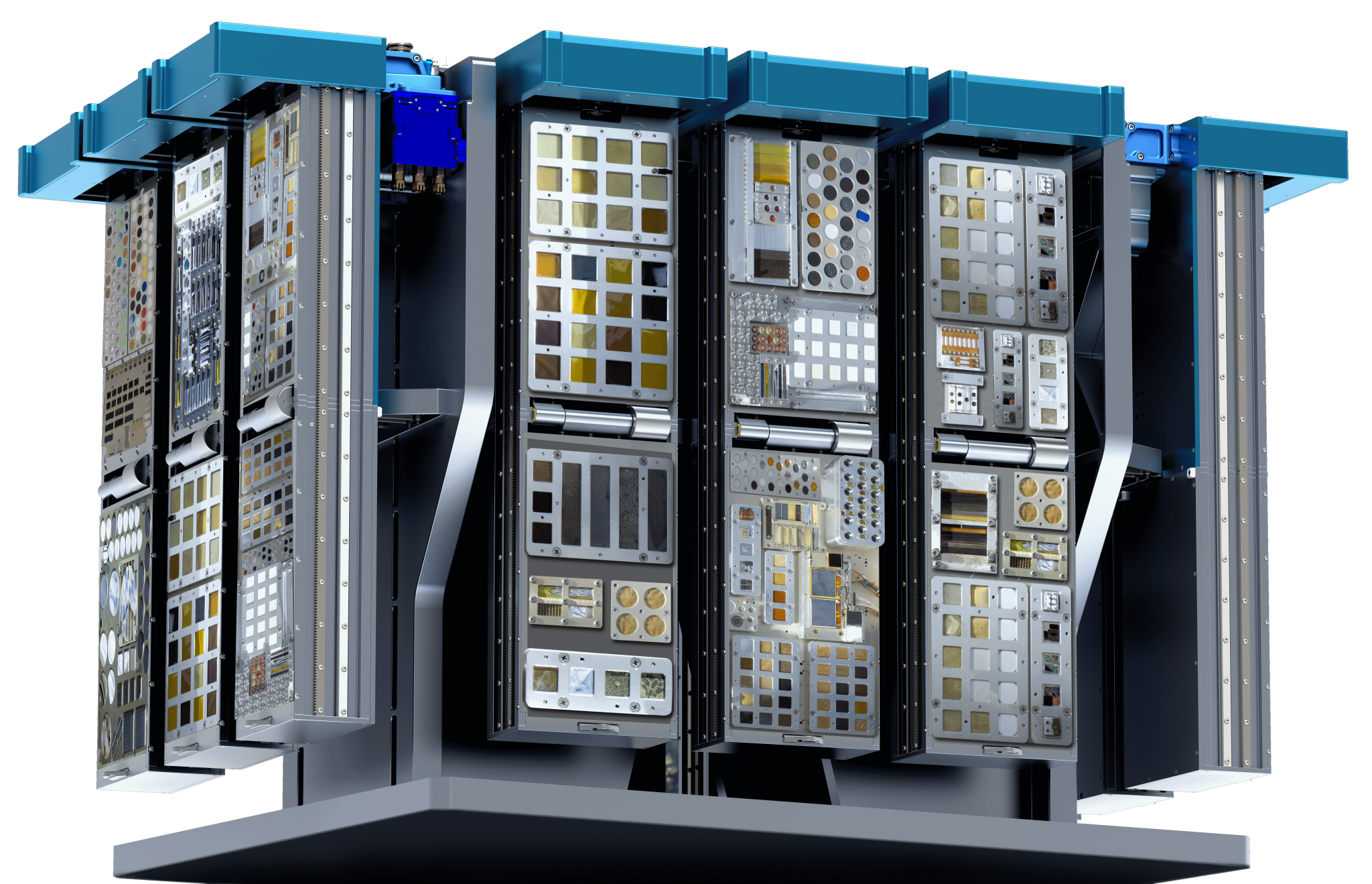 The Materials ISS Experiment Flight Facility (MISSE-FF) with MISSE Sample Carriers (MSCs) in the fully open position