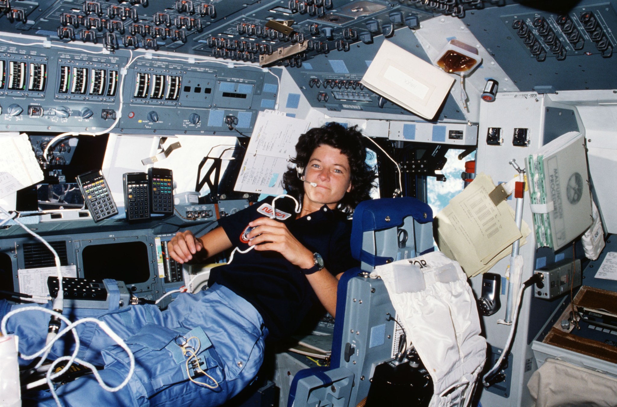 Photo of Sally Ride on space shuttle Challenger on the STS-7 mission. She was the first female U.S. astronaut.