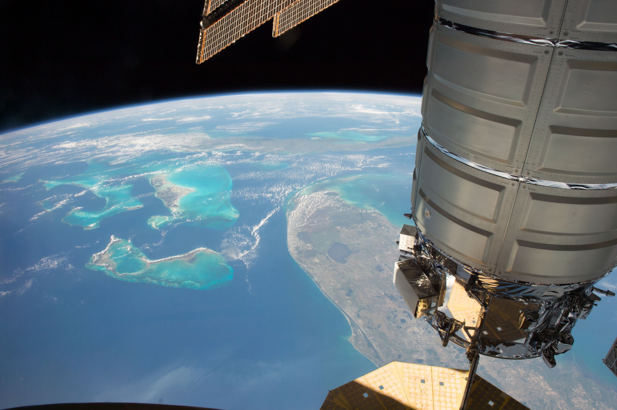 The Orbital ATK Cygnus cargo craft is pictured as the International Space Station orbits above Florida, The Bahamas and Cuba