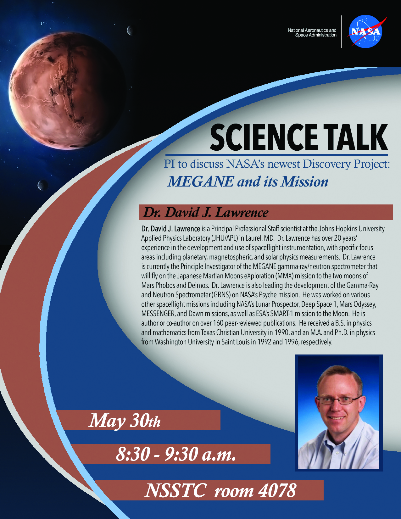 Flyer for Science Talk: Megane and its Mission by Dr. David J. Lawrence.