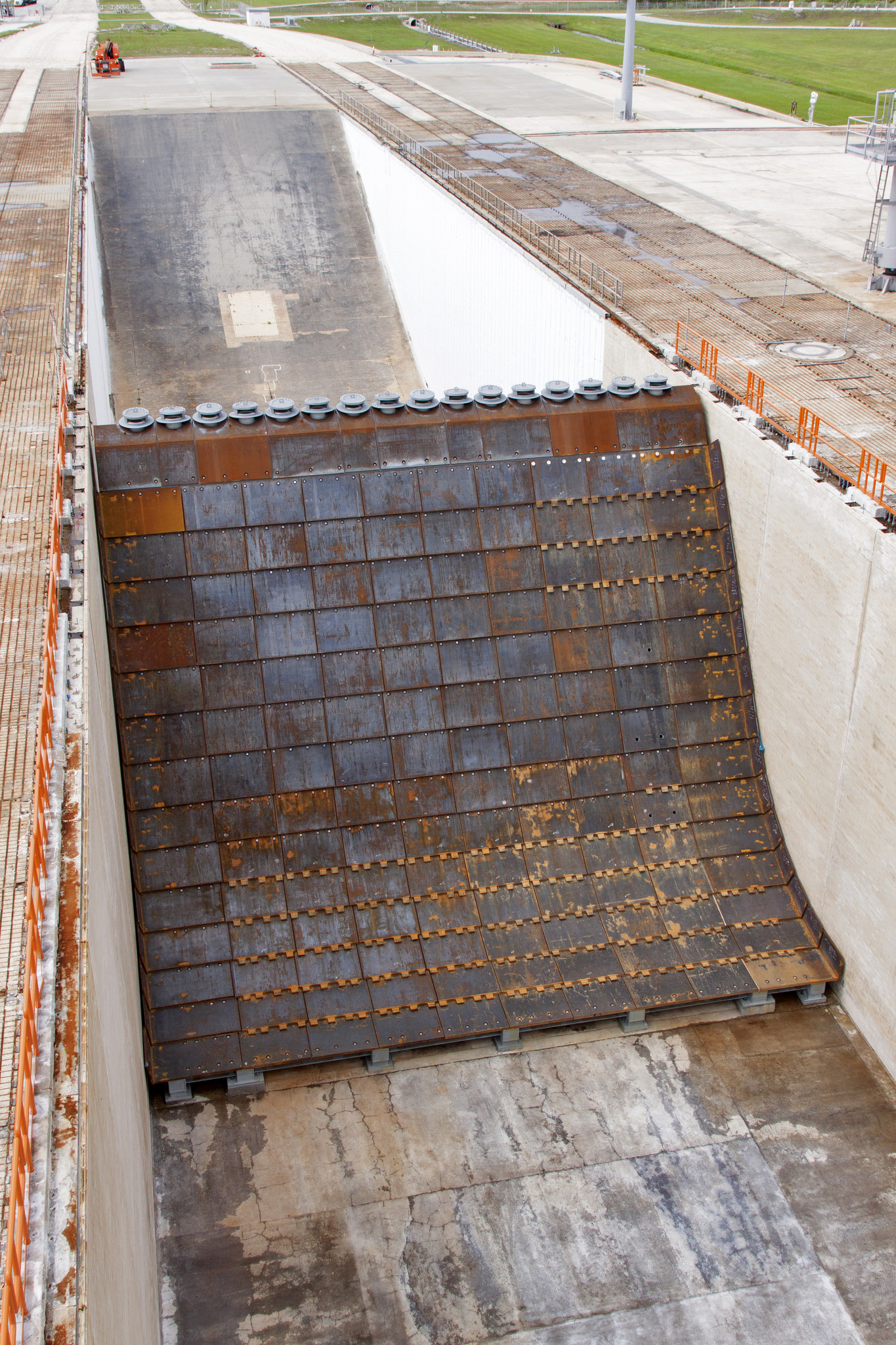 A close-up view of the main flame deflector in the flame trench at Launch Complex 39B at NASA's Kennedy Space Center.