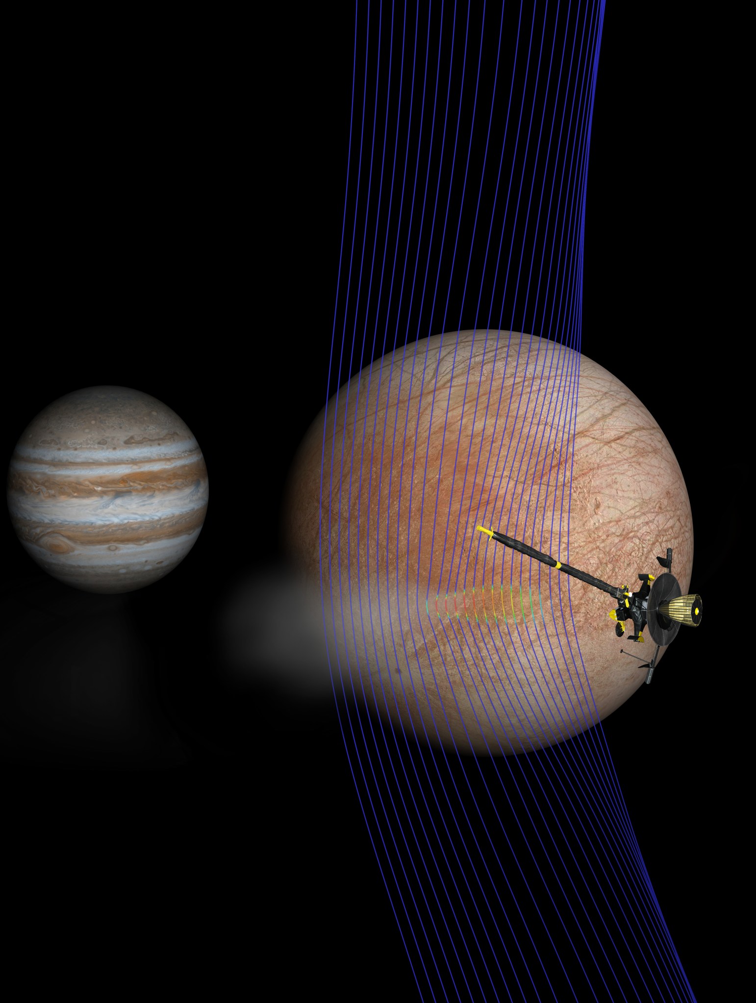 Artist’s illustration of Jupiter and Europa with the Galileo spacecraft after its pass through a plume erupting from Europa