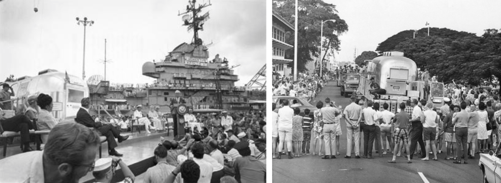 Hawaii Gov. John Burns greets Apollo 11 crew in the MQF during ceremonies at Pearl Harbor on July 27, 1969 (left). Crowds gathered to watch the Apollo 11 astronauts in their mobile quarantine facility on the move from Pearl Harbor to Hickam Air Force Base after being transferred from the deck of the carrier USS Hornet (right).