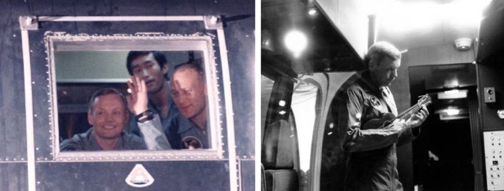 NASA recovery team engineer John Hirasaki behind recently-returned Apollo 11 moonwalkers Neil Armstrong and Buzz Aldrin in the MQF (left). Apollo 11 astronaut Neil Armstrong strumming a ukulele inside the MQF after returning from the Moon (right).