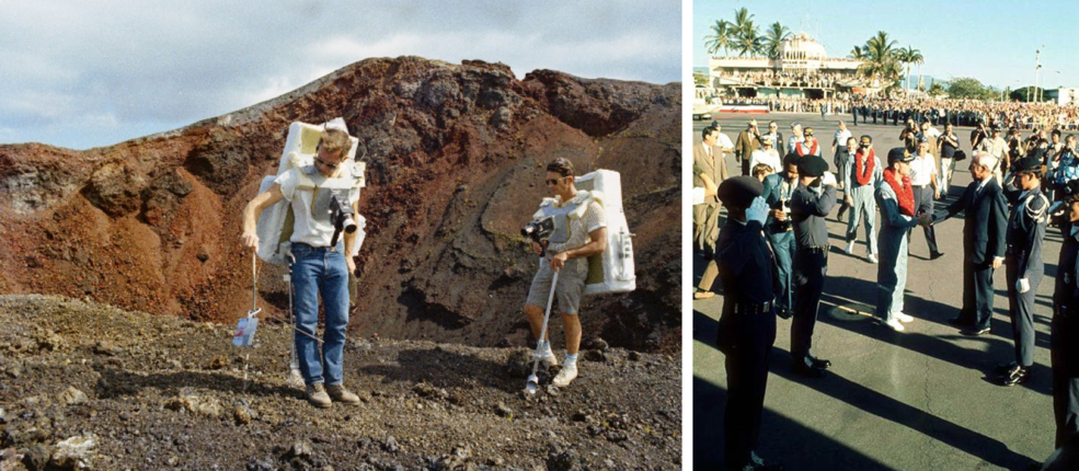 Apollo 15 astronauts Dave Scott and Jim Irwin train for their lunar explorations in 1970 at a lava flow dubbed the “Apollo Valley” on the Big Island (left). Hawaii Gov. John Burns says farewell to the Apollo 15 crew after their return from the Moon in 1971, as they board a C-141 jet at Hickam AFB for their flight back to Houston (right). Image courtesy of Edward Nevels.