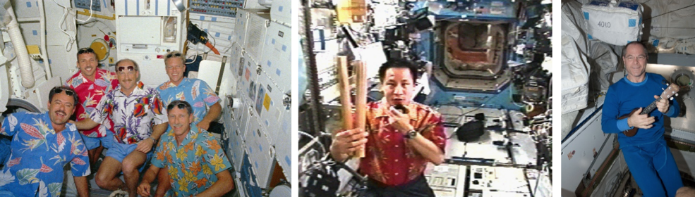 Crew of STS-26 sporting Aloha shirts for their in-flight crew photo in 1988 (left). Expedition 7 Science Office Ed Lu, wearing his best Aloha shirt, demonstrates pu’ili sticks for an educational activity aboard ISS in 2003 (middle). Expedition 34 Commander Kevin Ford strums a Hilo soprano ukulele on ISS in 2012 (right).