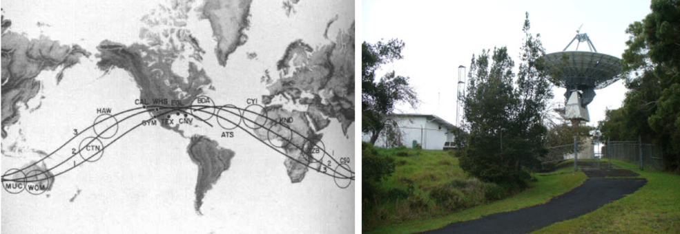 Map of NASA’s tracking stations to support Project Mercury; HAW marks the location of the Kauai tracking station (left). The Kauai tracking station today as the Kōkee Park Geophysical Observatory (right)