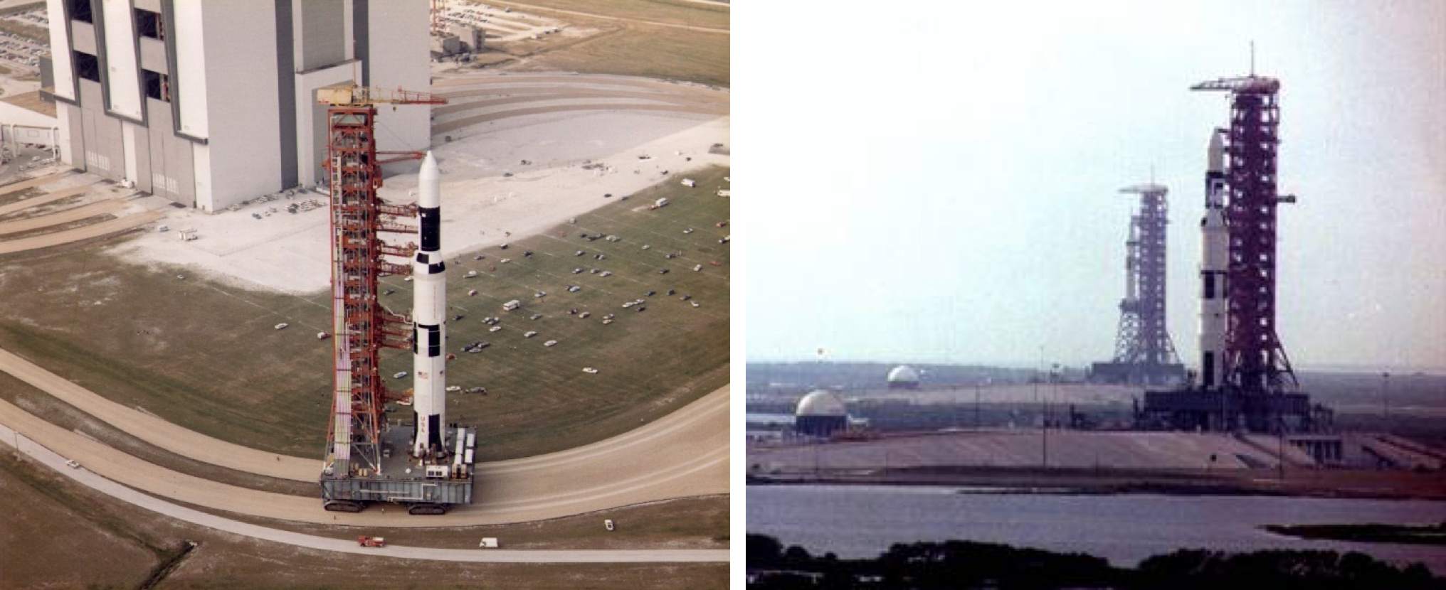 2 images. One of Skylab being rolled out from the Vehicle Assembly Building to the launchpad, and the second showing the Skylab and Skylab 2 rockets on Pads 39A and 39B respectively.