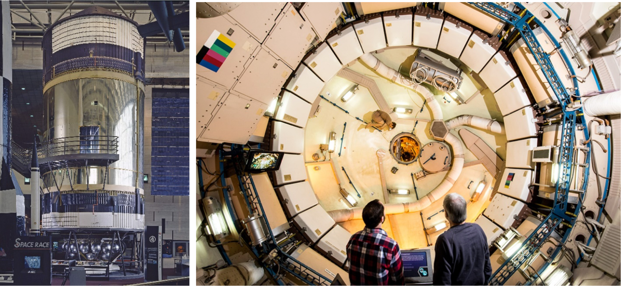 Two images. The left shows the Skylab workshop on display at the National Air and Space Museum. The right shows the inside of the Skylab trainer on display at Space Center Houston.