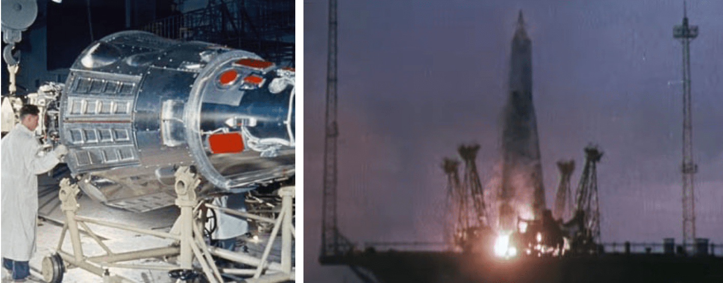 Technician preparing Sputnik 3 for flight (left). Image courtesy of RSC Energia. Launch of Sputnik 3 (right). Image courtesy