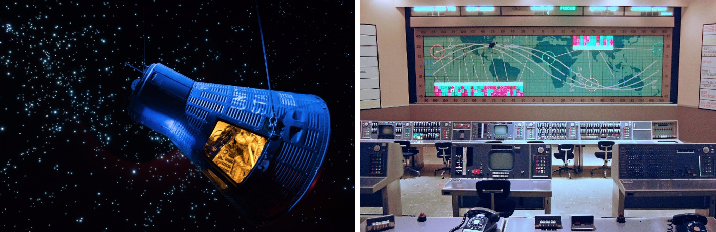 Two images, the Mercury 9 spacecraft on display at Space Center Houston and a reconstruction of the Mercury Control Center
