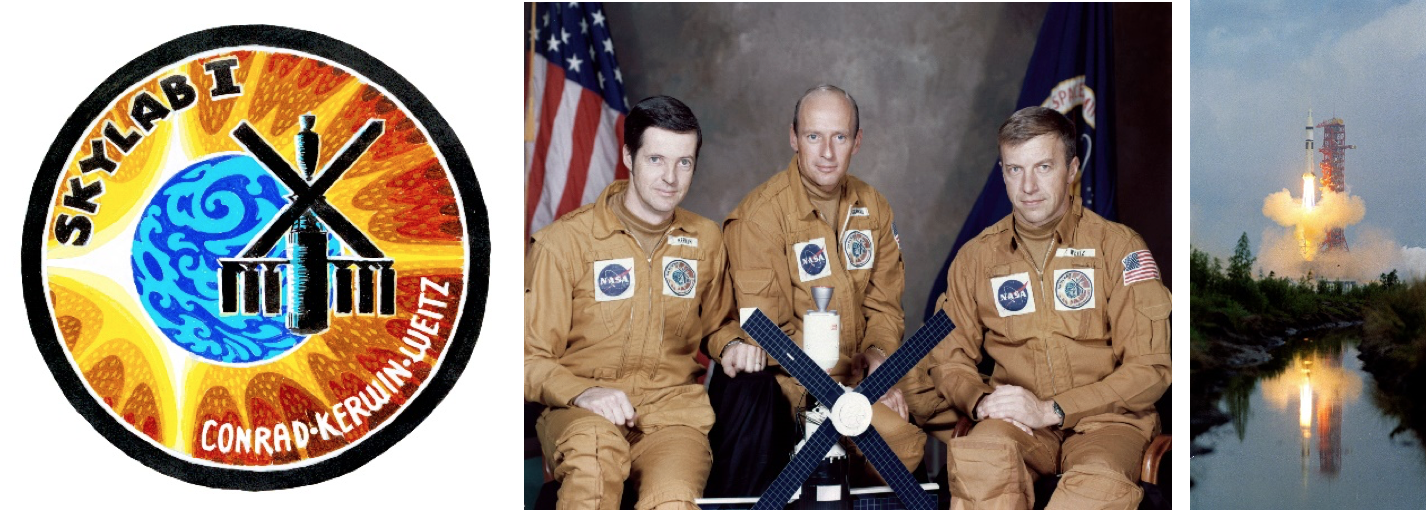 Three images: 1) The mission patch for the first Skylab crew, mistakenly labeled Skylab I with the names Conrad, Kerwin, and Weitz on it. The crew portrait for Skylab 2, and the launch of the Skylab 2 mission on a Saturn IB rocket.