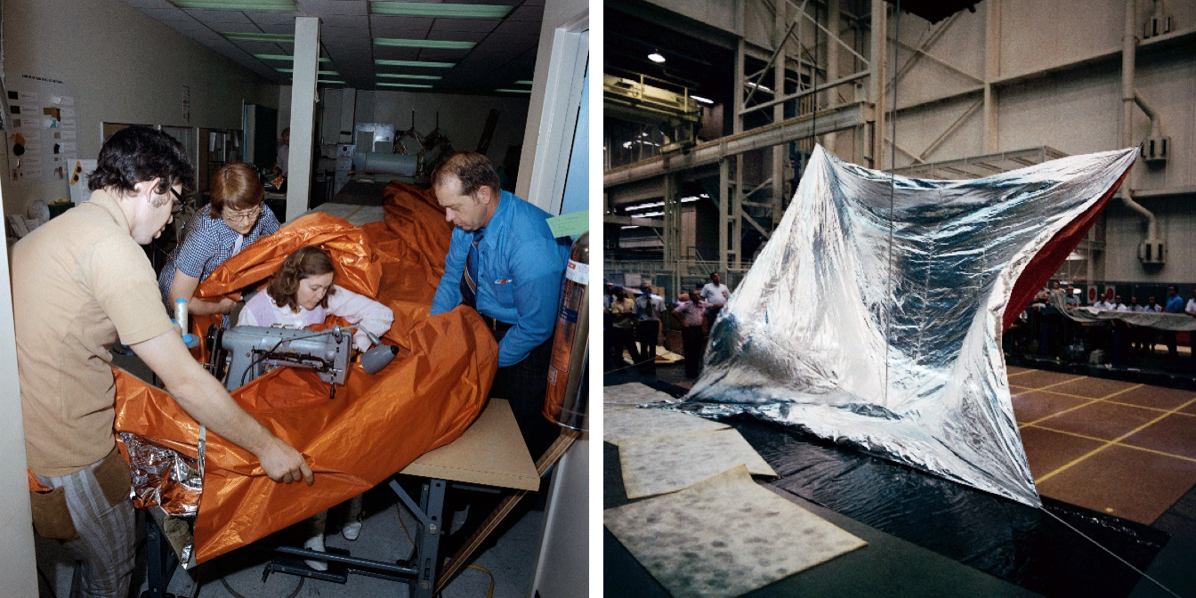 Two photos: On the left, 3 people assist a woman sewing the parasol for Skylab. The second image shows the parasol opened up and undergoing testing 