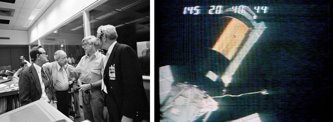 Two images. The left shows 4 men gathered together in Mission Control. The right shows a television image of the Skylab workshop with the gold skin that was under the micrometeoroid shield exposed
