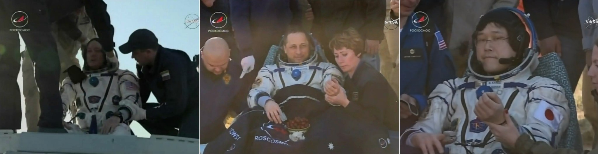 NASA astronaut Scott Tingle, cosmonaut Anton Shkaplerov of Roscosmos and JAXA astronaut Norishige Kanai