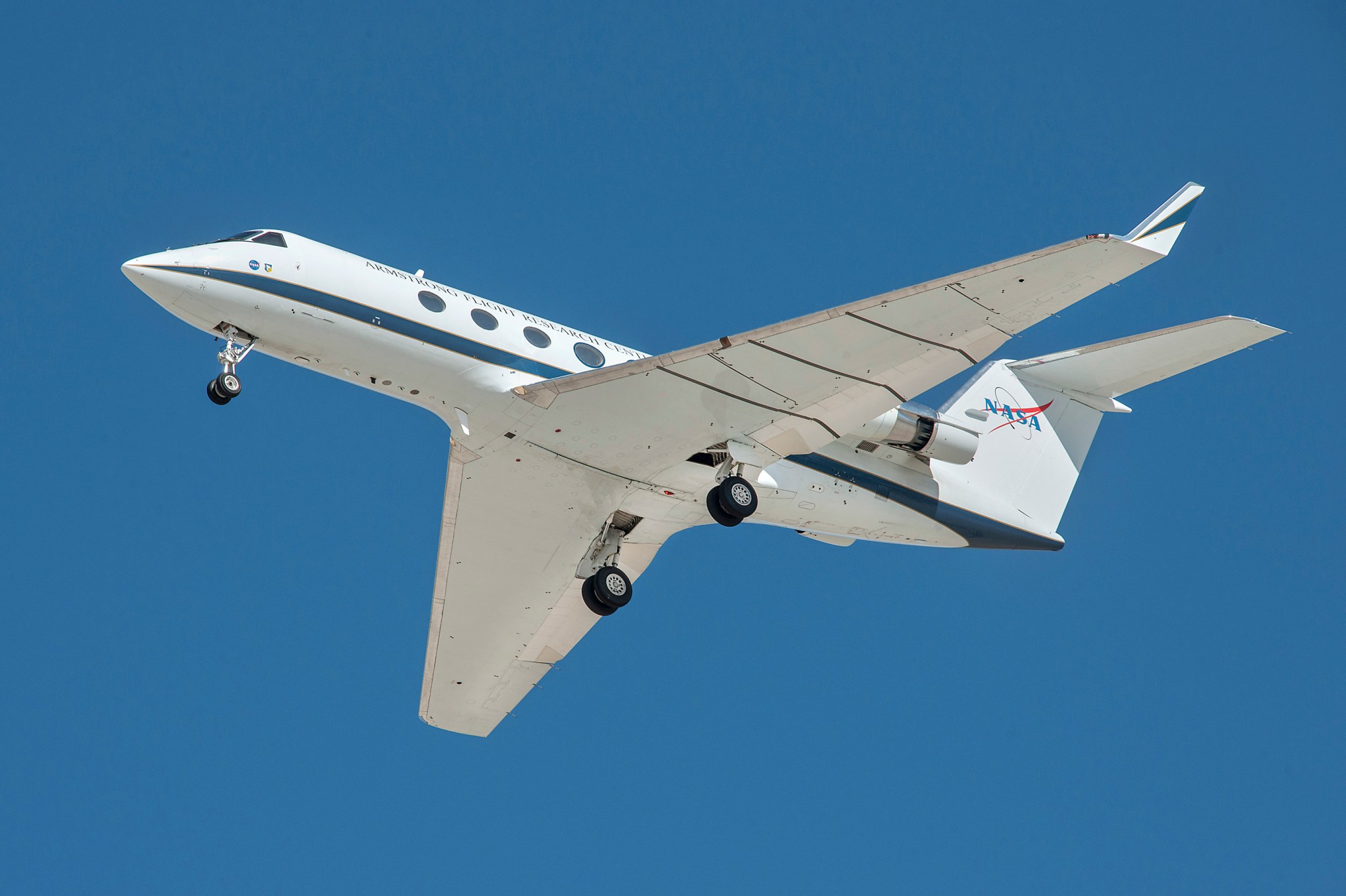NASA’s SubsoniC Research Aircraft Testbed G-III aircraft, or SCRAT, at NASA’s Armstrong Flight Research Center in California