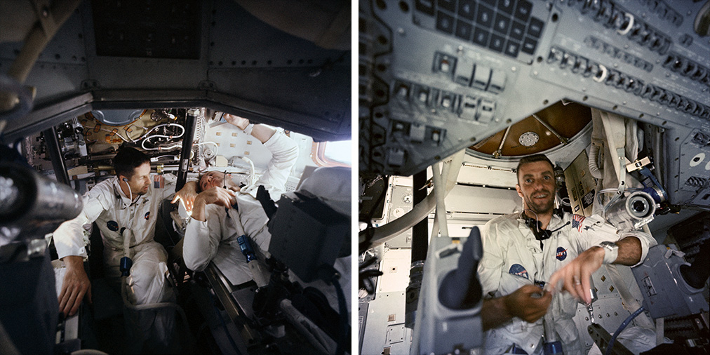 Astronauts Kerwin and Brand (left) and Engle (right) inside the CM during the 2TV-1 test.