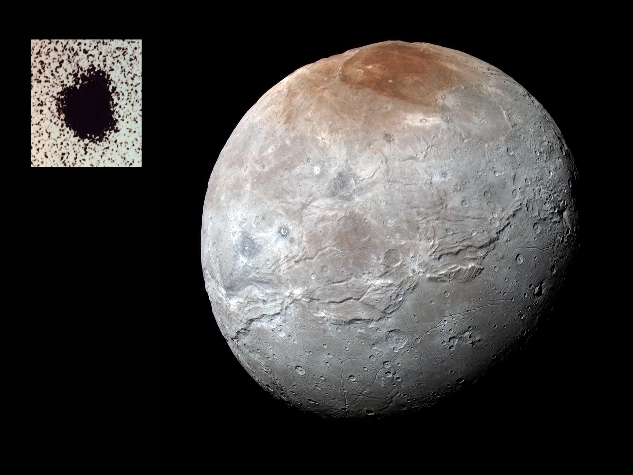An enhanced color image of Charon by the New Horizons spacecraft in 2015 and view of a moon discovered in 1978
