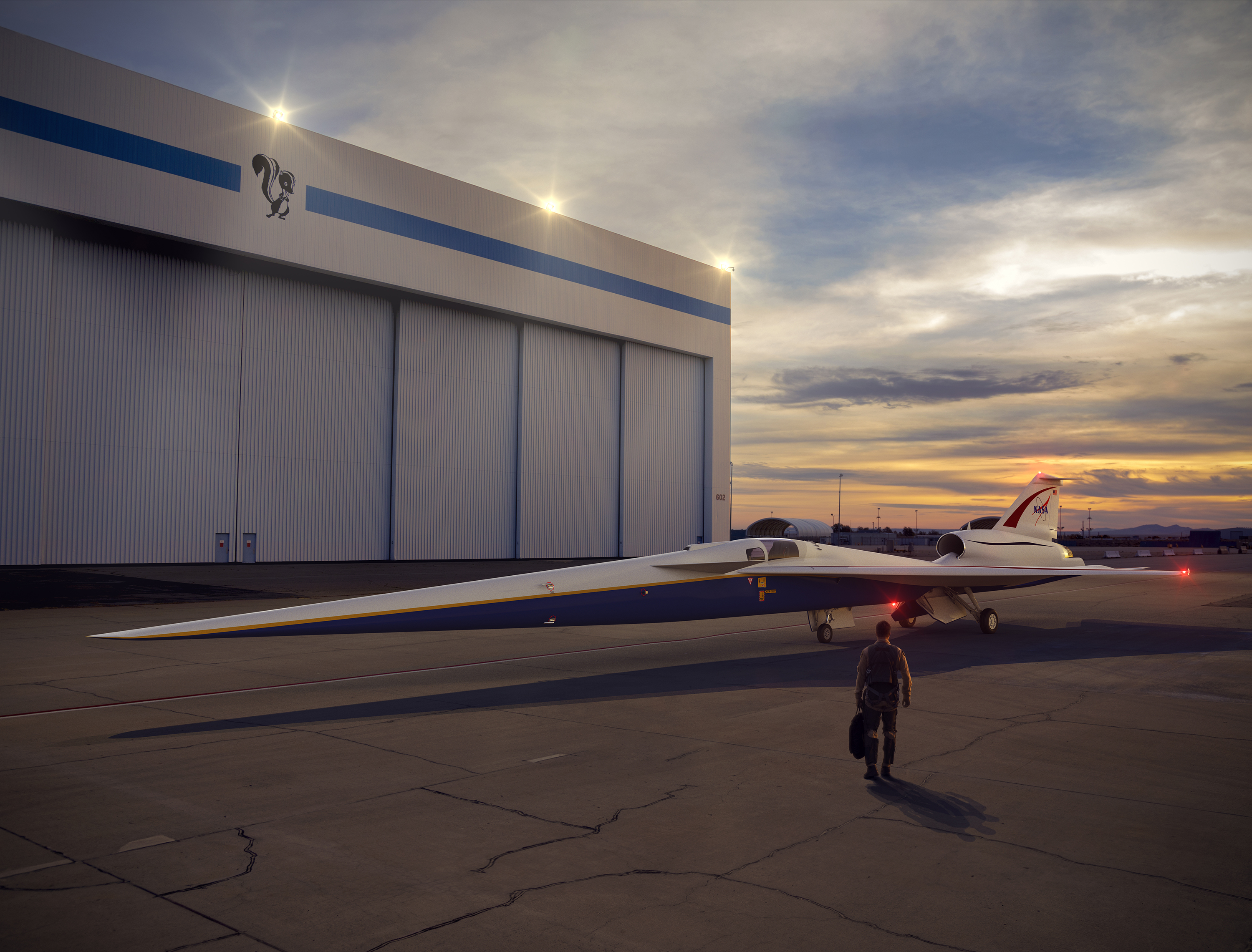 Artist's illustration of the X-59 parked near a hangar with a pilot walking towards it at sunrise.