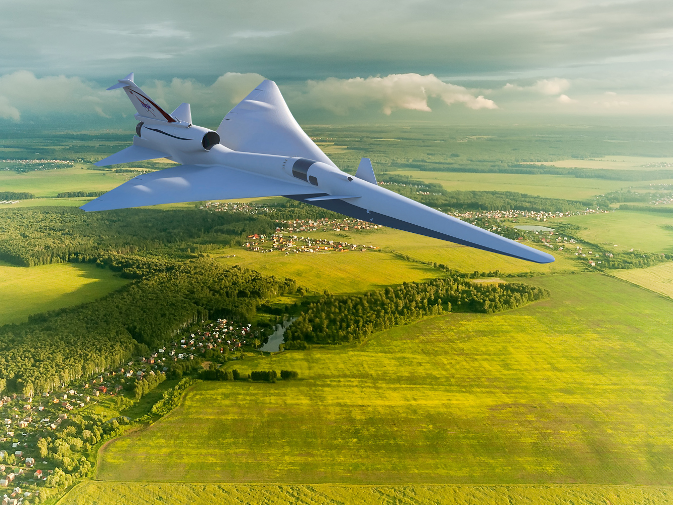 Artist concept of a low-boom flight demonstrator in flight over land.