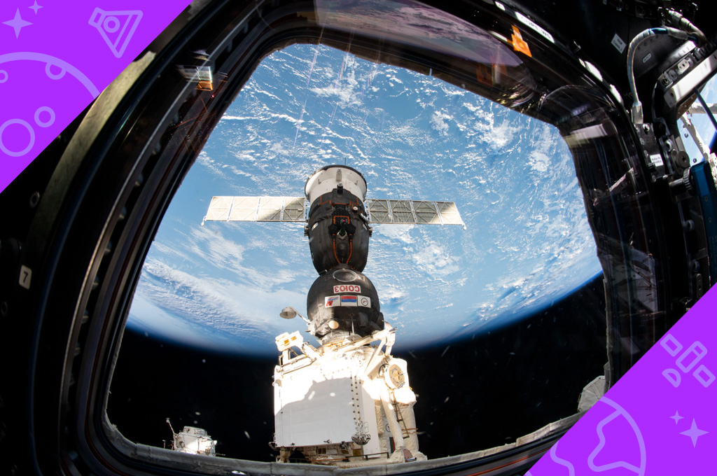 The Soyuz MS-12 spacecraft that launched three new Expedition 59-60 crew members to the International Space Station is pictured docked to the Rassvet module.