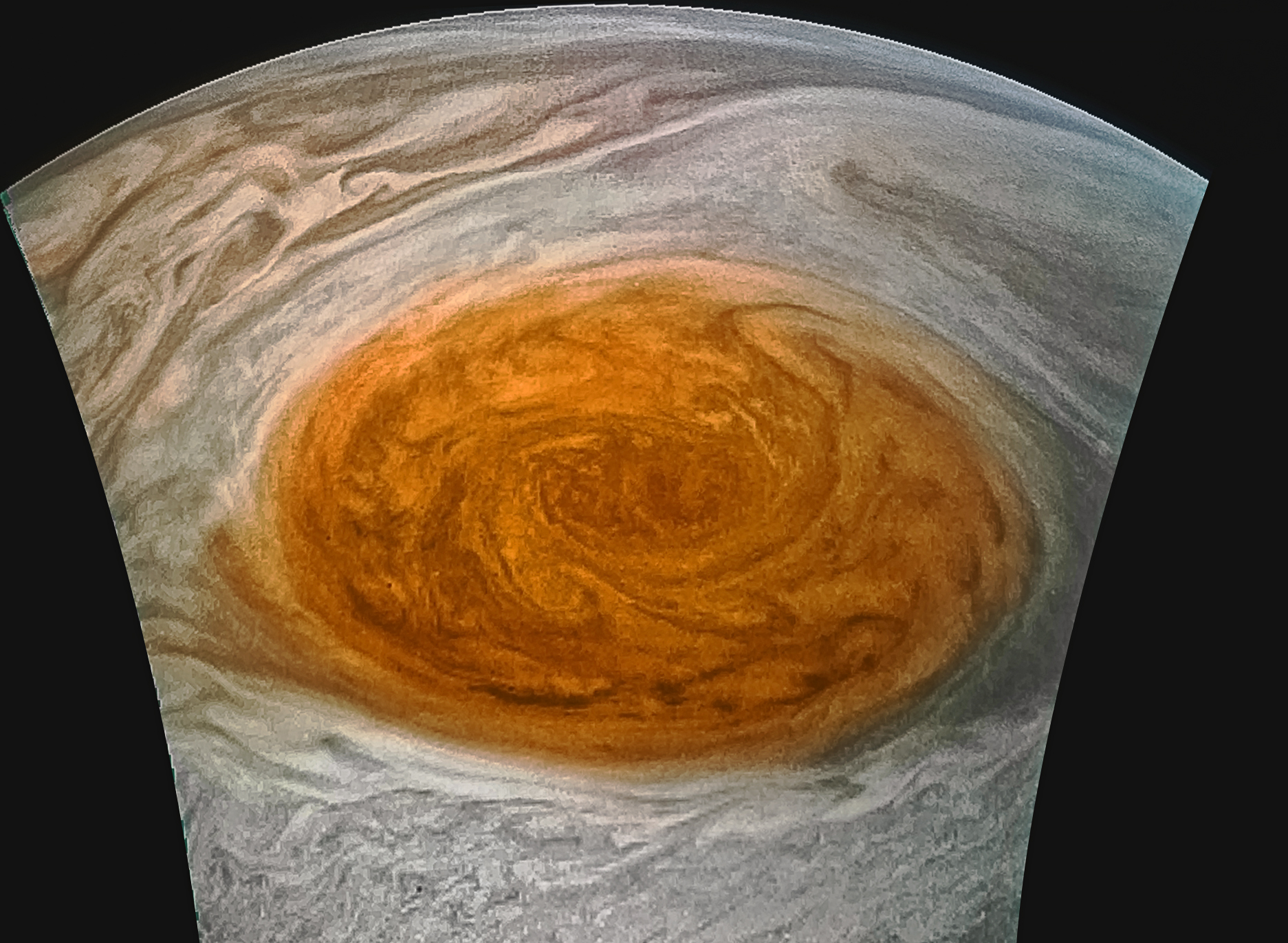 Close-up of the red spot on Jupiter as seen by the Juno spacecraft,