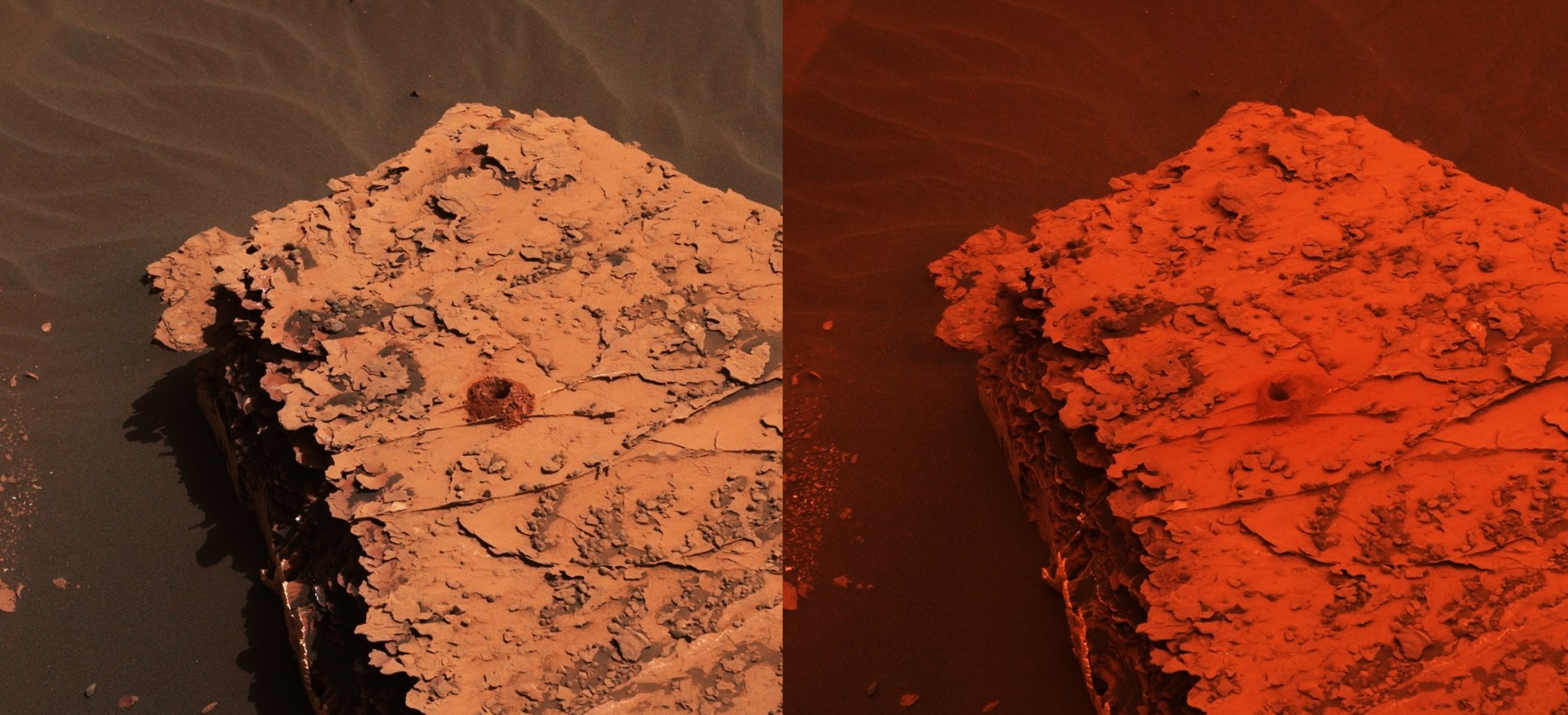 two images of a rock, one redder in color