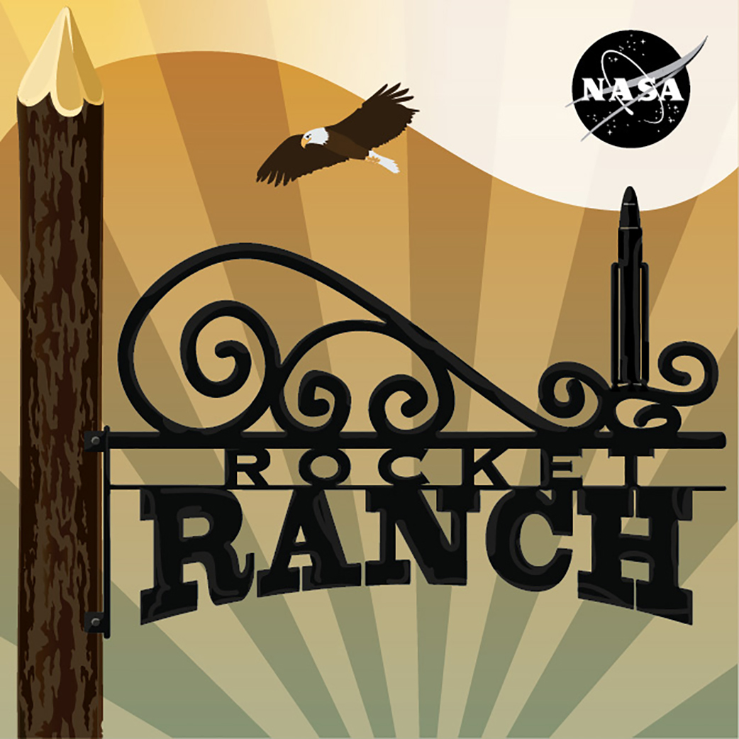 Rocket Ranch podcast logo with eagle flying over Rocket Ranch sign