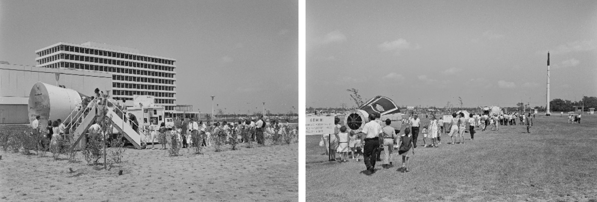 Two photos from the open house with a gemini spacecraft and a rocket on display